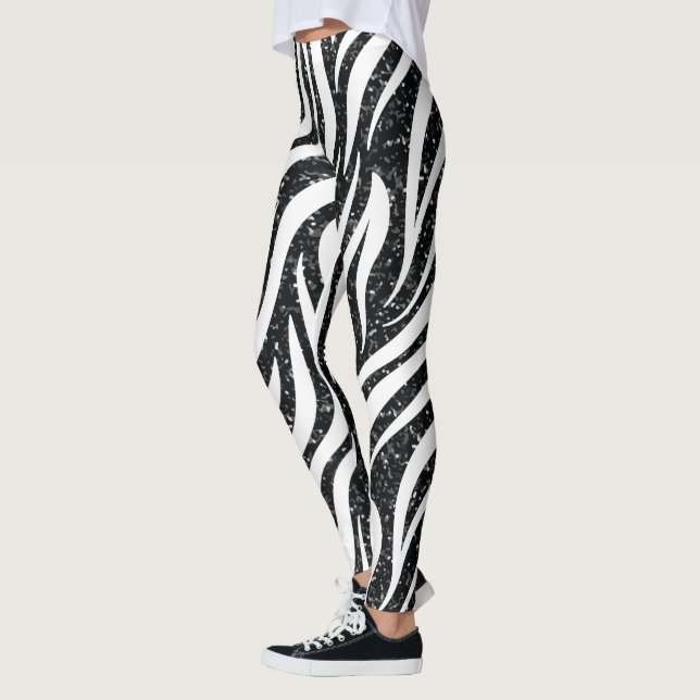 Zebra Stripes Black Glitter Wild Animals Print Leggings (Left)