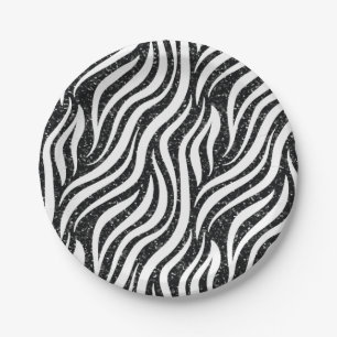 Zebra Stripes Black Glitter Wild Animals Print Paper Plate