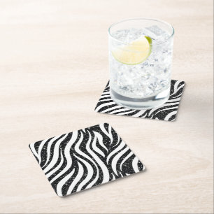 Zebra Stripes Black Glitter Wild Animals Print Square Paper Coaster