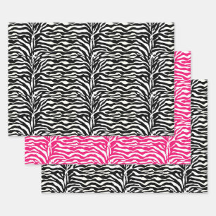 Zebra Stripes, Black & White, Hot Pink  Wrapping Paper Sheet