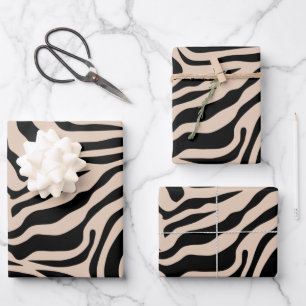 Zebra Stripes Cream Beige Black Wild Animal Print Wrapping Paper Sheet