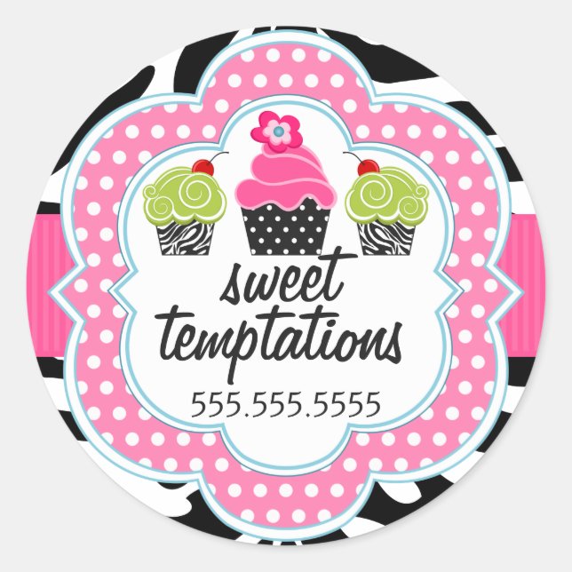 Zebra Stripes Cupcake Bakery Business Classic Round Sticker (Front)
