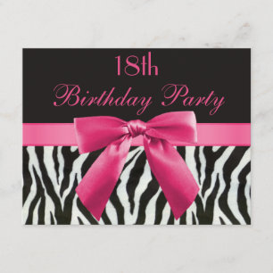 Zebra Stripes & Hot Pink Printed Bow 18th Birthday Invitation