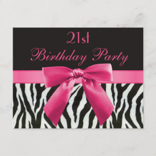 Zebra Stripes & Hot Pink Printed Bow 21st Birthday Invitation