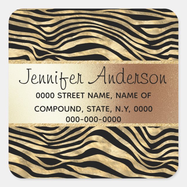 Zebra stripes safari animal print gold black chic square sticker (Front)