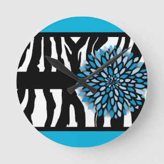 Zebra Stripes with Blue Chrysanthemum Round Clock