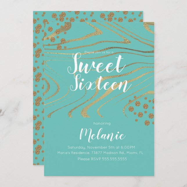 Zebra Sweet 16 Glitter Faux Gold and Foil Geo Invitation (Front/Back)