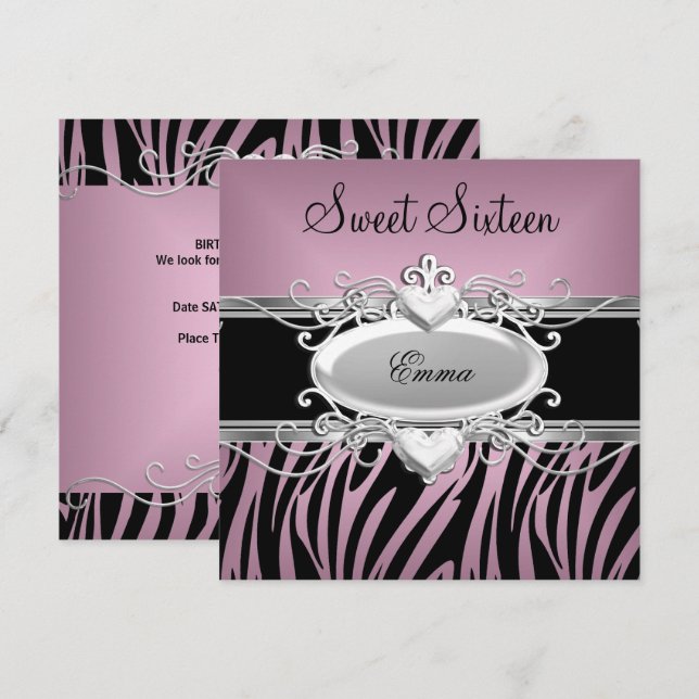Zebra Sweet Sixteen 16 Party Silver Pink Black Invitation (Front/Back)