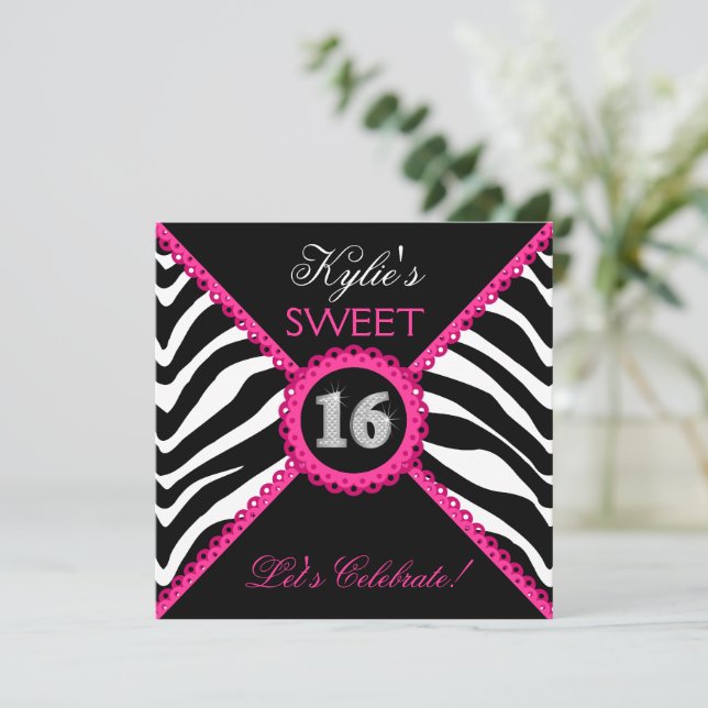 Zebra Sweet Sixteen Pink Lace Bling Invitation (Standing Front)