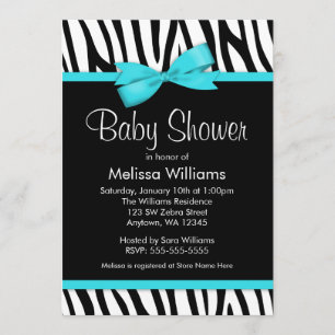 Zebra Teal Blue Printed Bow Baby Shower Invitation