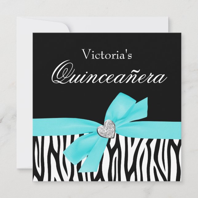 Zebra Teal Bow Diamond Quinceanera Invitations (Front)