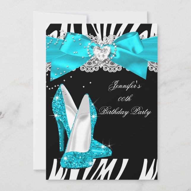Zebra Teal Turquoise High Heel Shoe Birthday Invitation (Front)