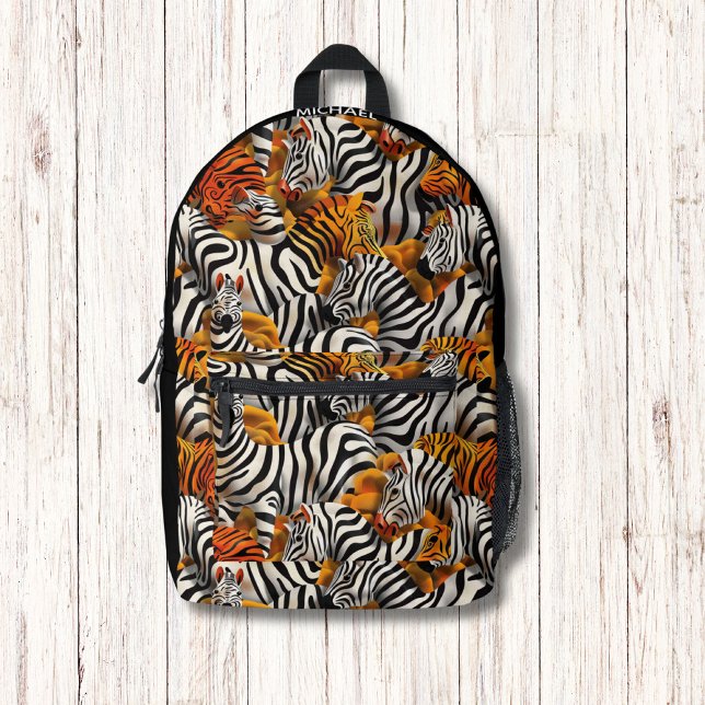 Zebra Tiger Animal Skin Pattern Modern Monogram Printed Backpack (Creator Uploaded)