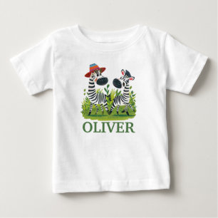 Zebra Twins in the Wild and Personalised Name Baby T-Shirt