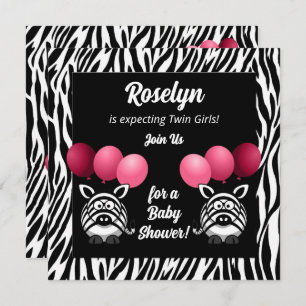 Zebra Twins Pink Girls Baby Shower Invitation