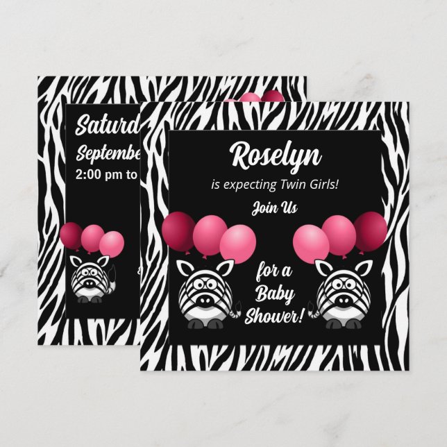 Zebra Twins Pink Girls Baby Shower Invitation (Front/Back)