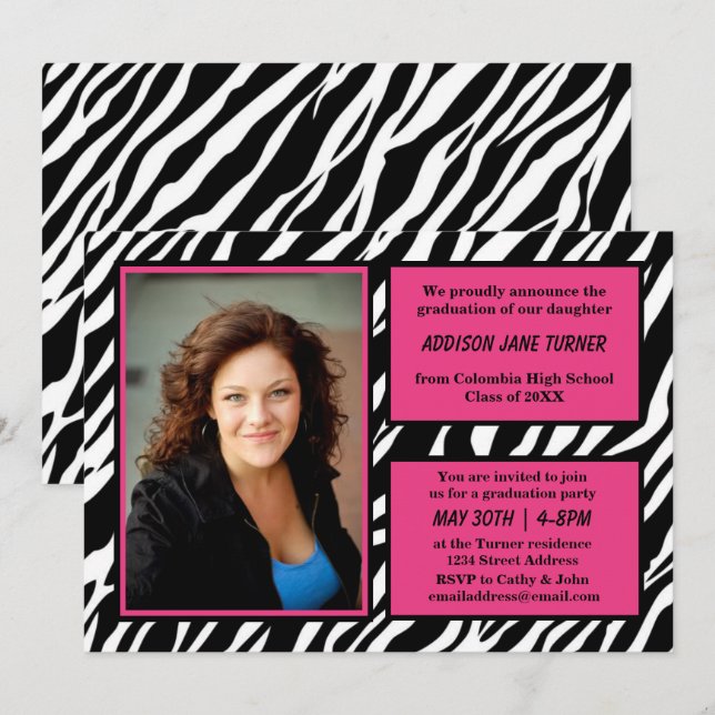 Zebra w/Pink Trim with Photo - Grad Announcement (Front/Back)