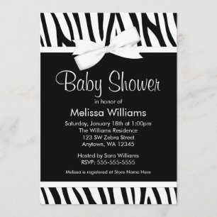 Zebra White Printed Bow Baby Shower Invitation