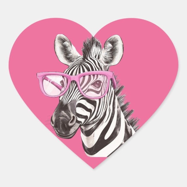 Zebra with Pink Glasses Pink Background Heart Sticker (Front)