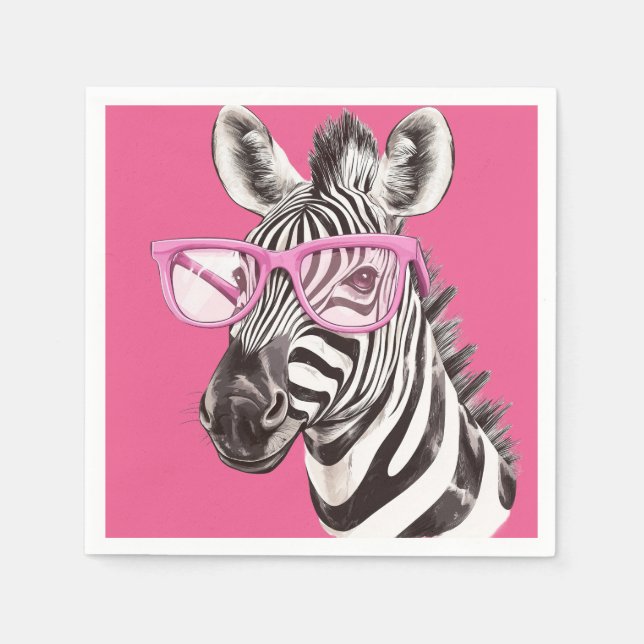 Zebra with Pink Glasses - Pink Background Napkin (Front)