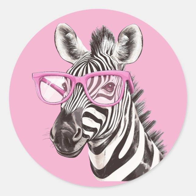 Zebra with Pink Glasses Sticker Light Pink BG (Front)