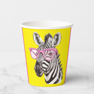Zebra with Pink Glasses Yellow BG Paper Cups