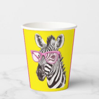 Zebra with Pink Glasses Yellow BG Paper Cups