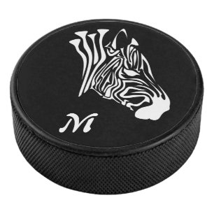 Zebra with Twisted White Stripes Silhouette Hockey Puck