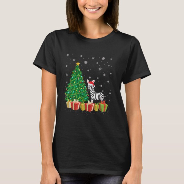 Zebra Xmas Tree Lighting Santa Hat Zebra Christmas T-Shirt (Front)