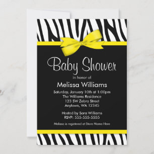 Zebra Yellow Printed Bow Baby Shower Invitations