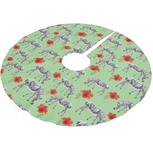 Zebras Among Hibiscus Flowers Brushed Polyester Tree Skirt