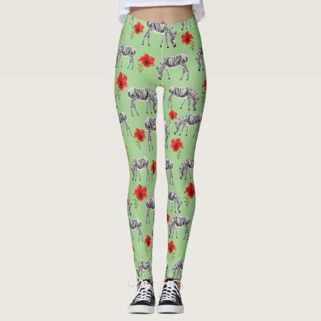 Zebras Among Hibiscus Flowers Leggings (Front)