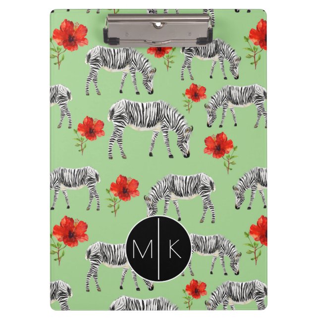 Zebras Among Hibiscus Flowers | Monogram Clipboard (Front)