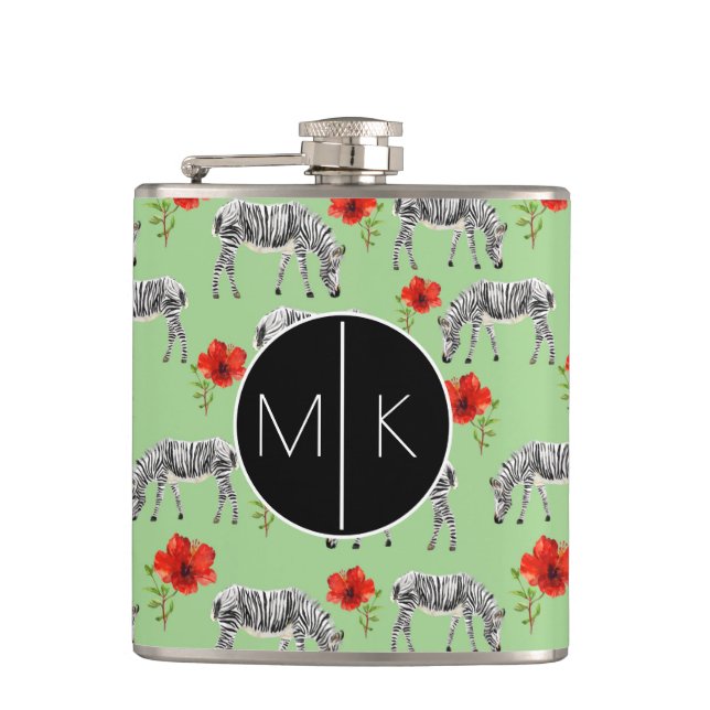 Zebras Among Hibiscus Flowers | Monogram Hip Flask (Front)
