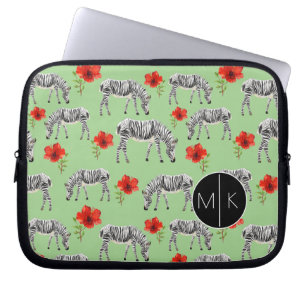 Zebras Among Hibiscus Flowers Monogram Laptop Sleeve