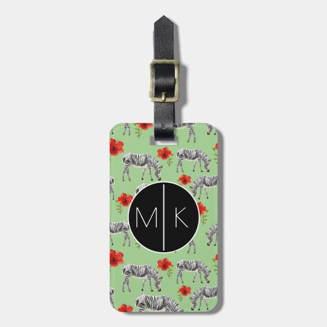 Zebras Among Hibiscus Flowers | Monogram Luggage Tag (Front Vertical)