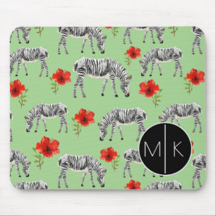 Zebras Among Hibiscus Flowers Monogram Mouse Mat