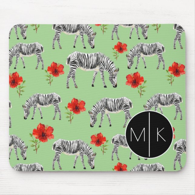 Zebras Among Hibiscus Flowers | Monogram Mouse Mat (Front)