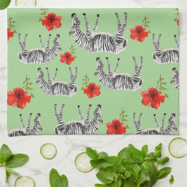Zebras Among Hibiscus Flowers | Monogram Tea Towel (Folded)