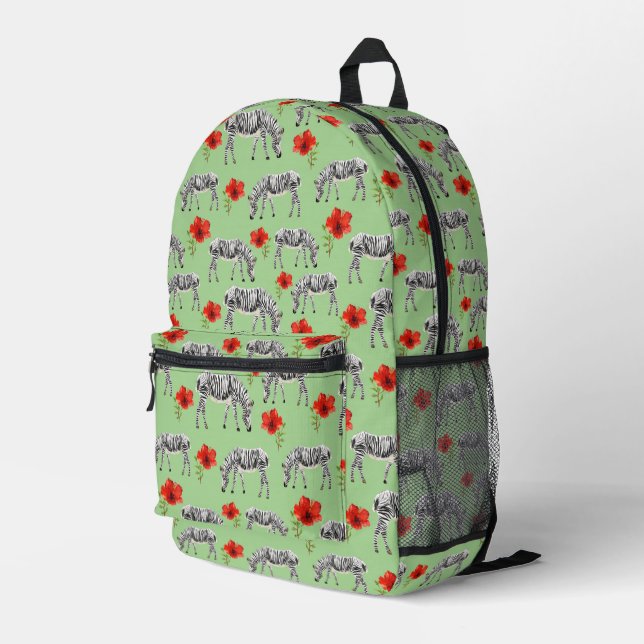 Zebras Among Hibiscus Flowers Printed Backpack (Back Corner Right)