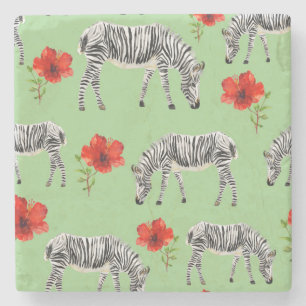Zebras Among Hibiscus Flowers Stone Coaster
