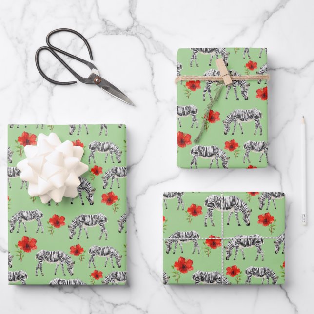 Zebras Among Hibiscus Flowers Wrapping Paper Sheet (Front)