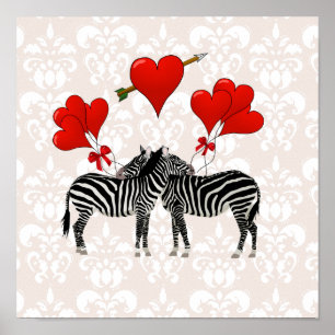 Zebras and hearts on pink damask poster