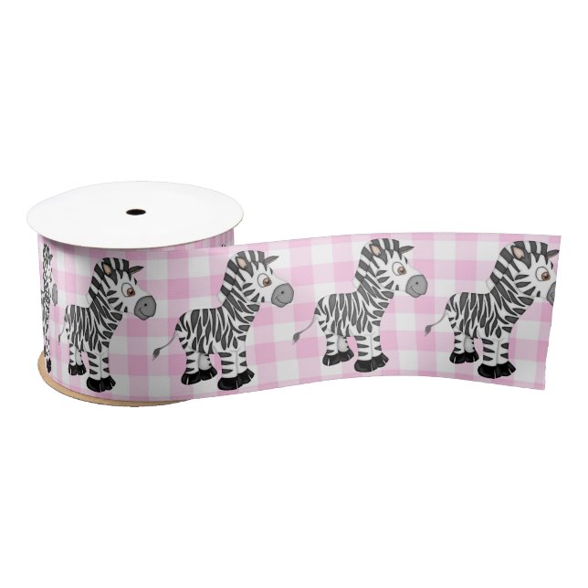 Zebras On Pink Gingham Satin Ribbon (Spool)
