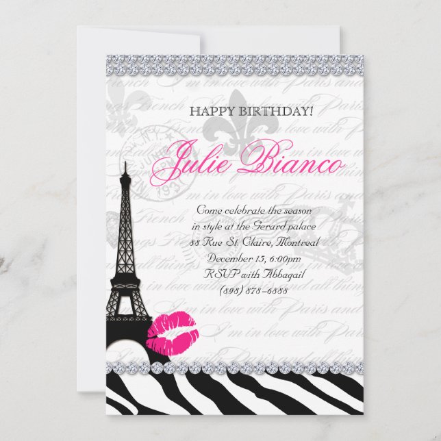 Zees Birthday Party Paris Card Eiffel Tower Zebra (Front)