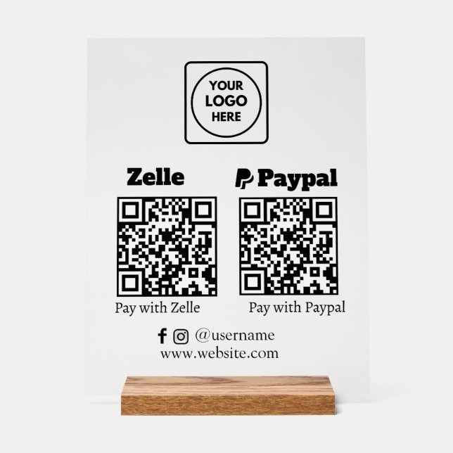 Zelle PayPal | QR Code Scan to Pay Business Logo Acrylic Sign (Front)
