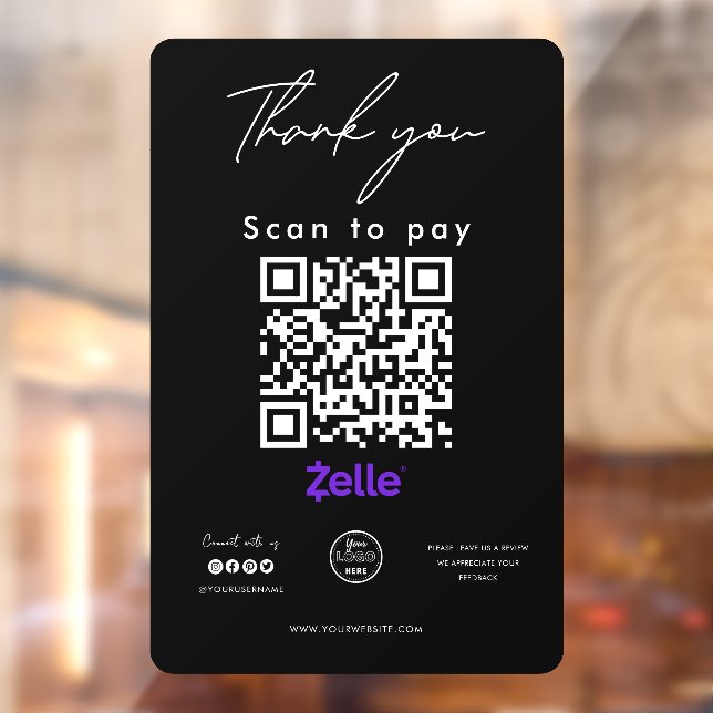 Zelle QR Code Logo Scan to Pay Thank you Black Window Cling (Sheet 2)