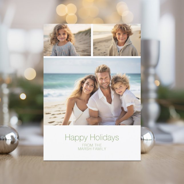 Zen Arch Green White - 3 Photo - Happy Holiday Card (Zen Arch Design - Minimal Holiday Card - 3 Photos)