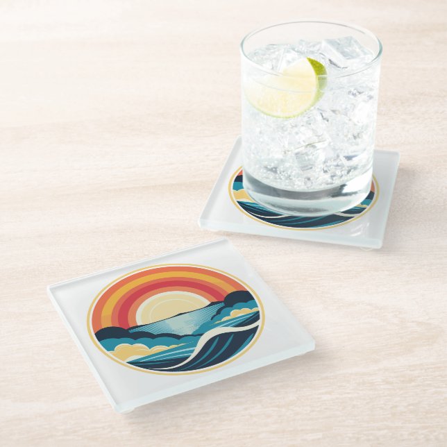 Zen Art Deco Sunset over Water Glass Coaster (Angled)