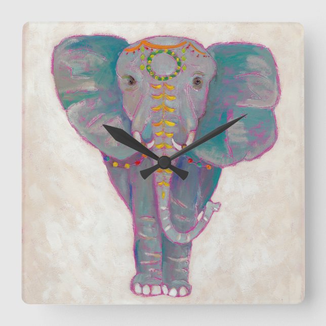 Zen Asian Elephant Square Wall Clock (Front)